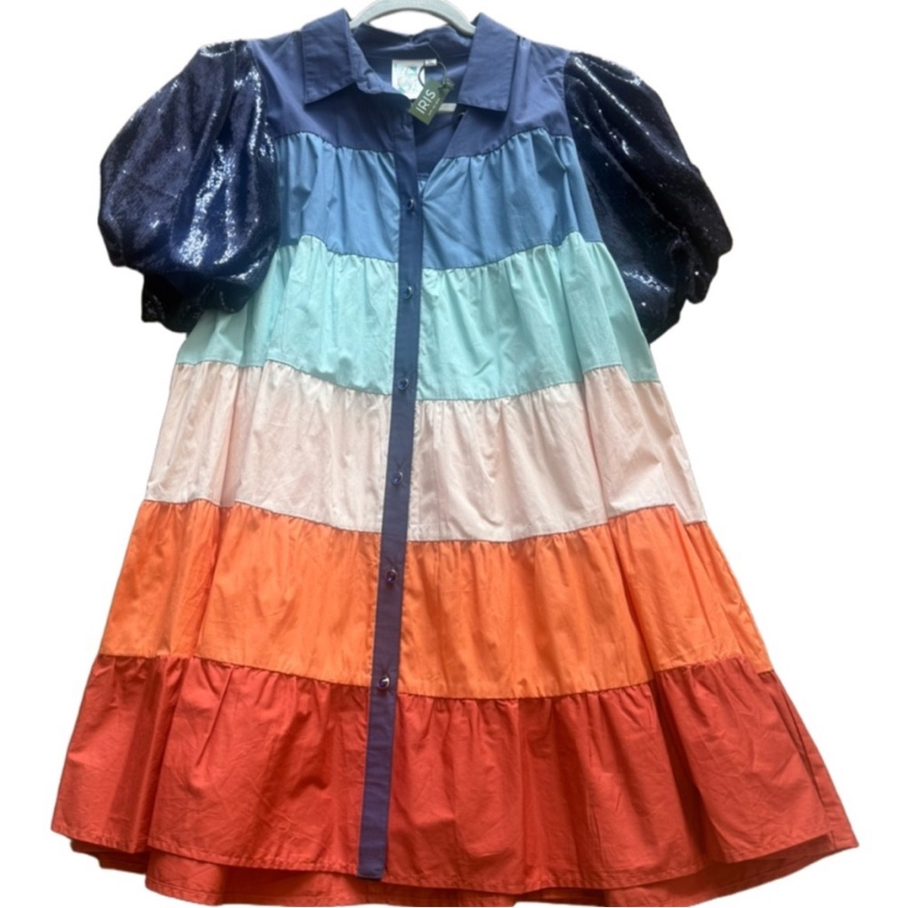 QUEEN OF SPARKLES Navy Multi Tiered Sequin Sleeve Dress